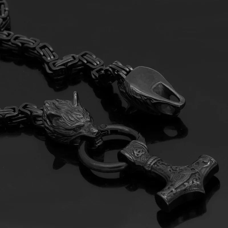 Black Chain Nordic Men Stainless Steel Wolf Head Viking Amulet Thor Hammer Pendant Necklace Viking King Chain