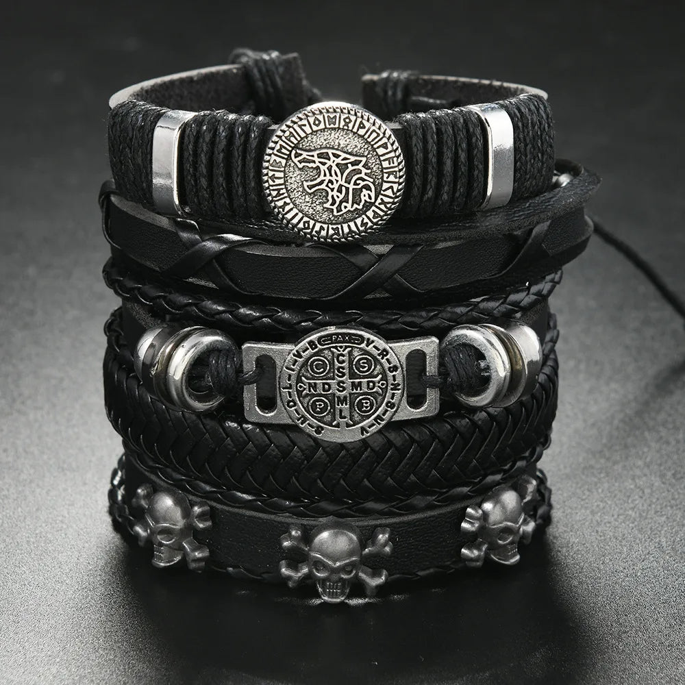 Fashion Vintage Multi Layer Men’s Bracelets Cross Bone Skull Head Retro Scripture Wolf Head Punk Style Leather Bracelets Gifts