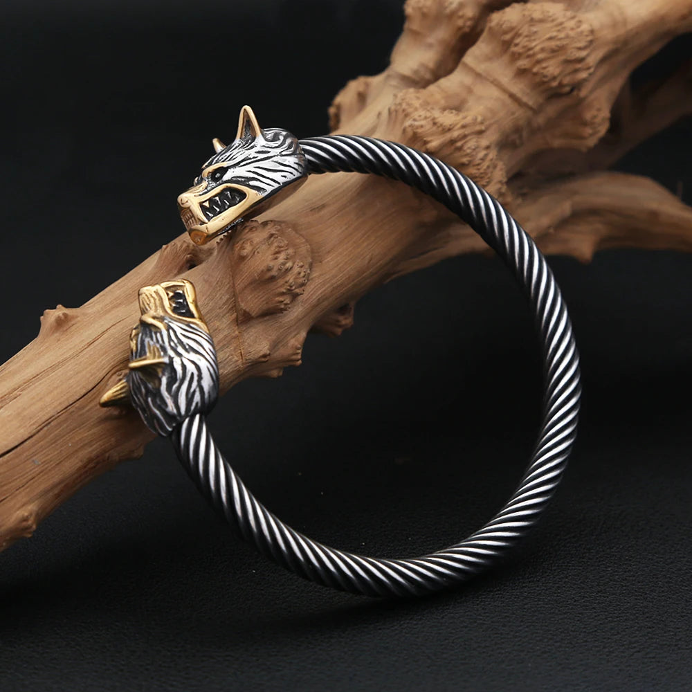 Viking Double Wolf Head Bracelet — Stainless