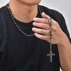 Natural Beaded Rosary Y Necklace for Men,Hematite Cross Pendant with Black Lava Tiger Eye Stone,Religious Prayer Jewelry