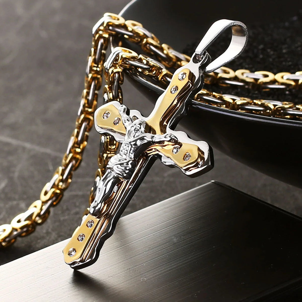 Holy Cross Jesus Crystal Crucifix Necklace — Stainless Steel