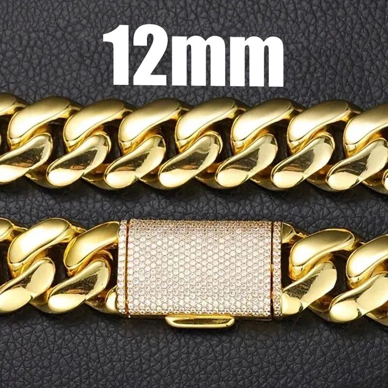 8-14mm Hip Hop Bling Iced Out 18k Gold-plated Stainless Steel Dense Cuban Miami Link Chain Necklaces for Unisex Rapper