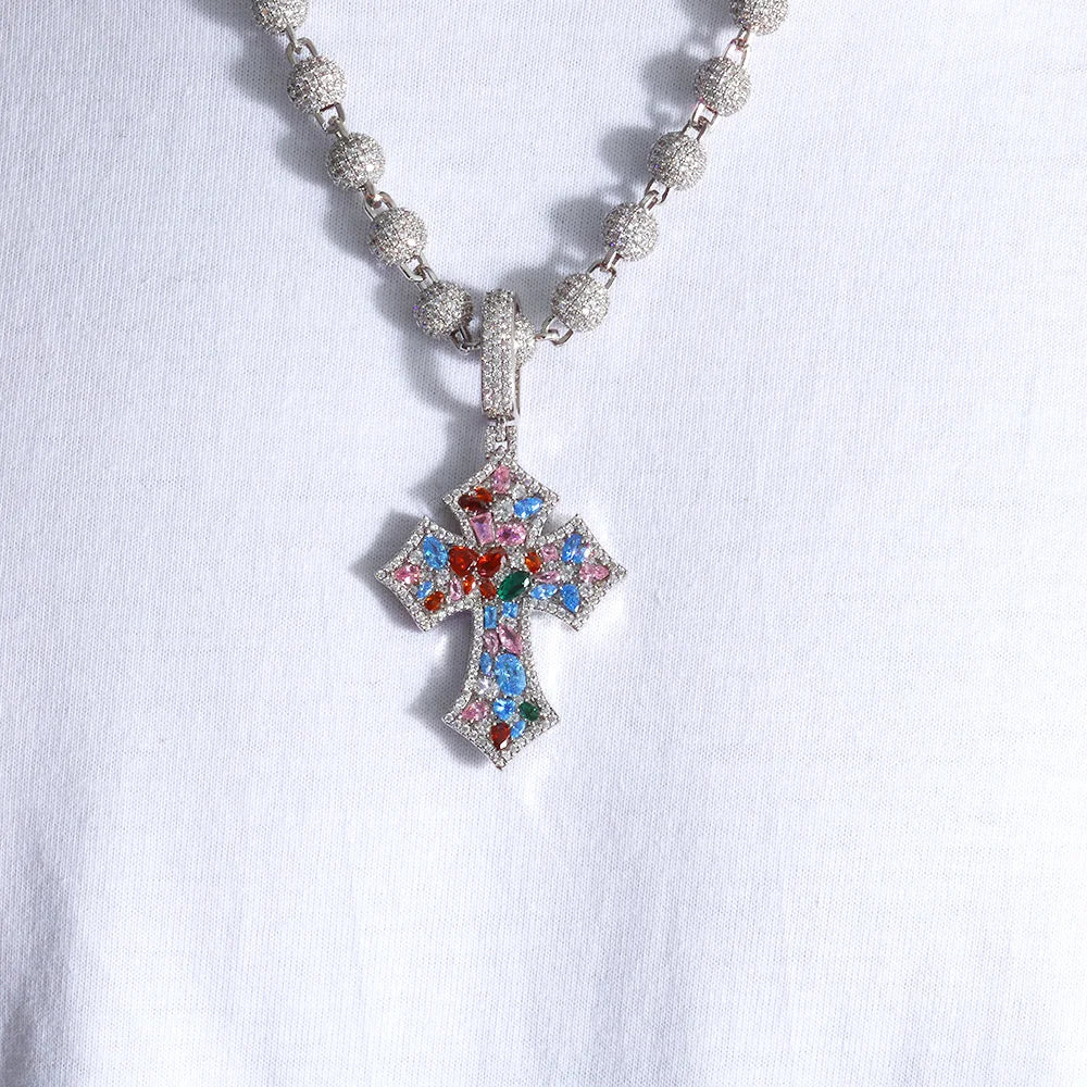 Cross Pendant Necklace Iced Out Colorful CZ