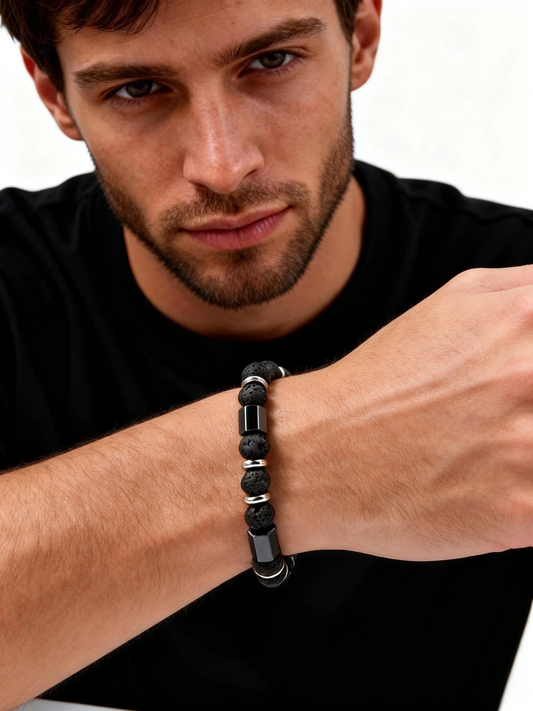 Hip Hop Men's Bracelet,Stainless Steel Adjustable Tiger Eye Stone Metal Beaded Bracelet,Party Birthday Gift for Him