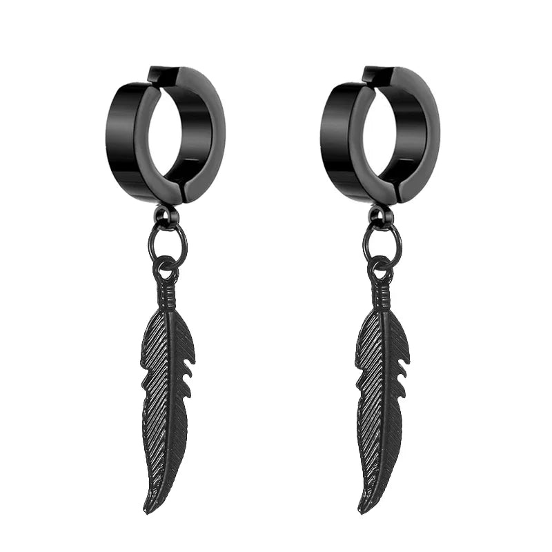 Feather Dangle Huggie Hoop Earrings for Men — Stainless Steel