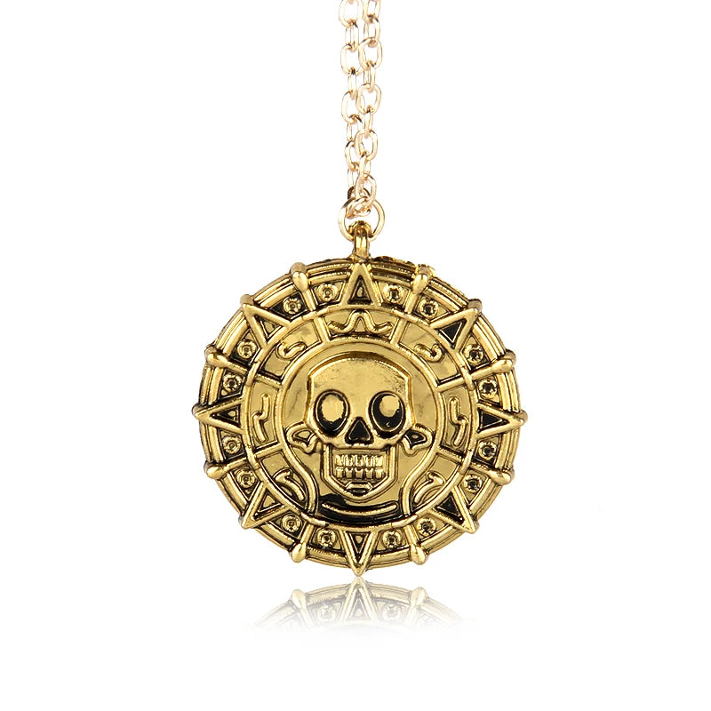 Movie Accessories Akg Pirates Of The Caribbean Aztec Gold Color Coin Necklace Retro Skull Pendant Punk Hip Hop Necklace