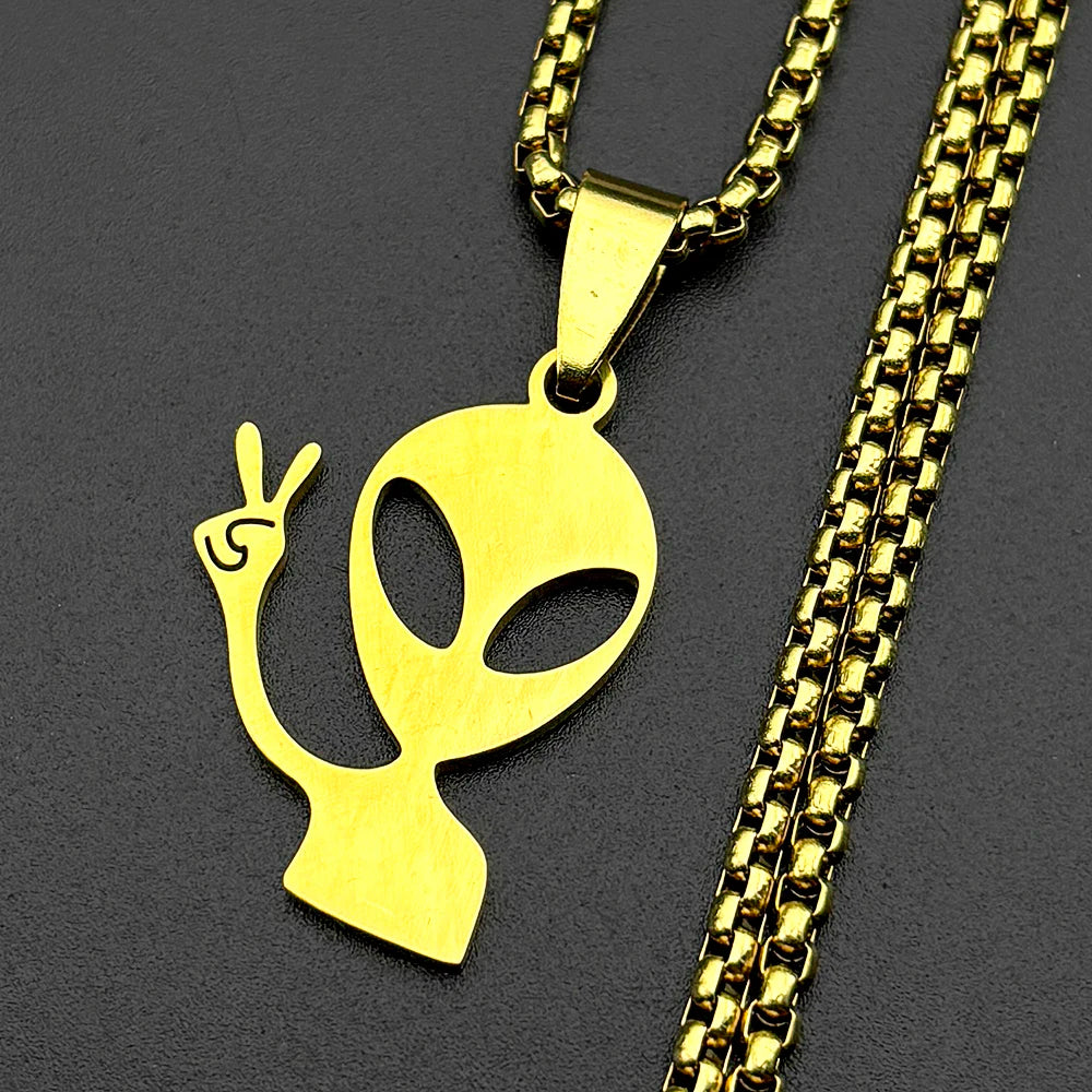 Funny Alien Yeah Pendant Necklace For Women Men Stainless Steel Silver Color Goth Streetwear Rapper Jewelry Chain