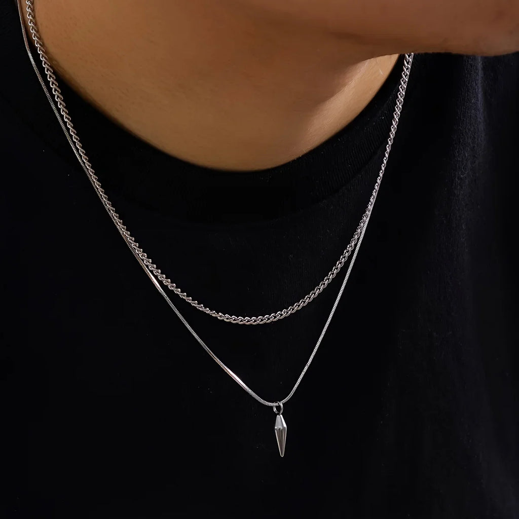 1 piece, men's stainless steel stacked necklace, hip-hop stainless steel round tip cone hanging  necklace, friend gift.jvv
