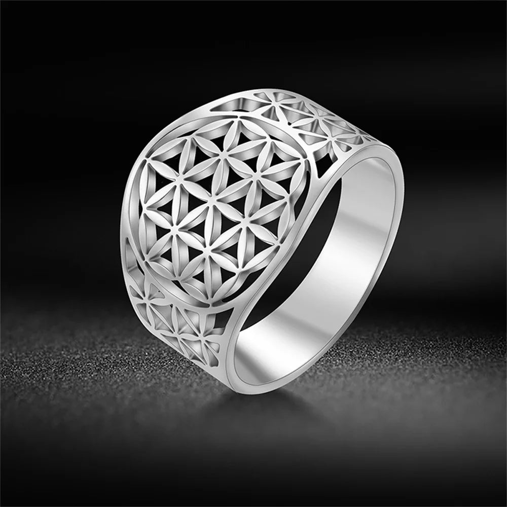 Flower of Life Hollow Geometric Filigree Ring — Stainless Steel