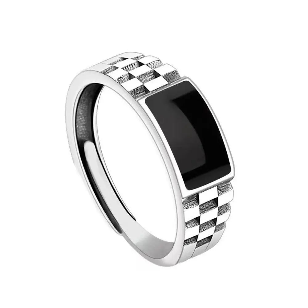 Silver Ring Drop Glue Checkerboard Men's Retro Ring Fashion Simple Birthday Party Wedding Anniversary Jewelry Gift