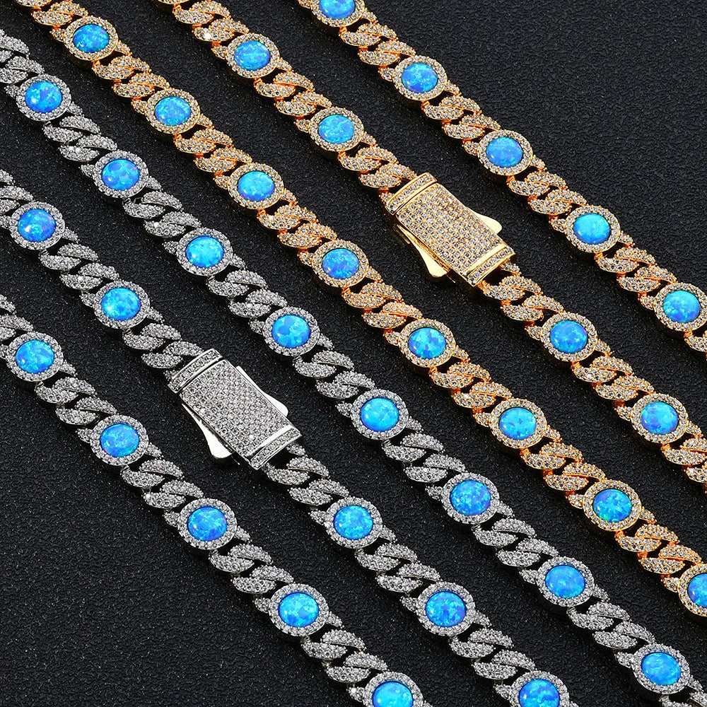 Cuban Iced Out Gold Necklace Blue Opal CZ