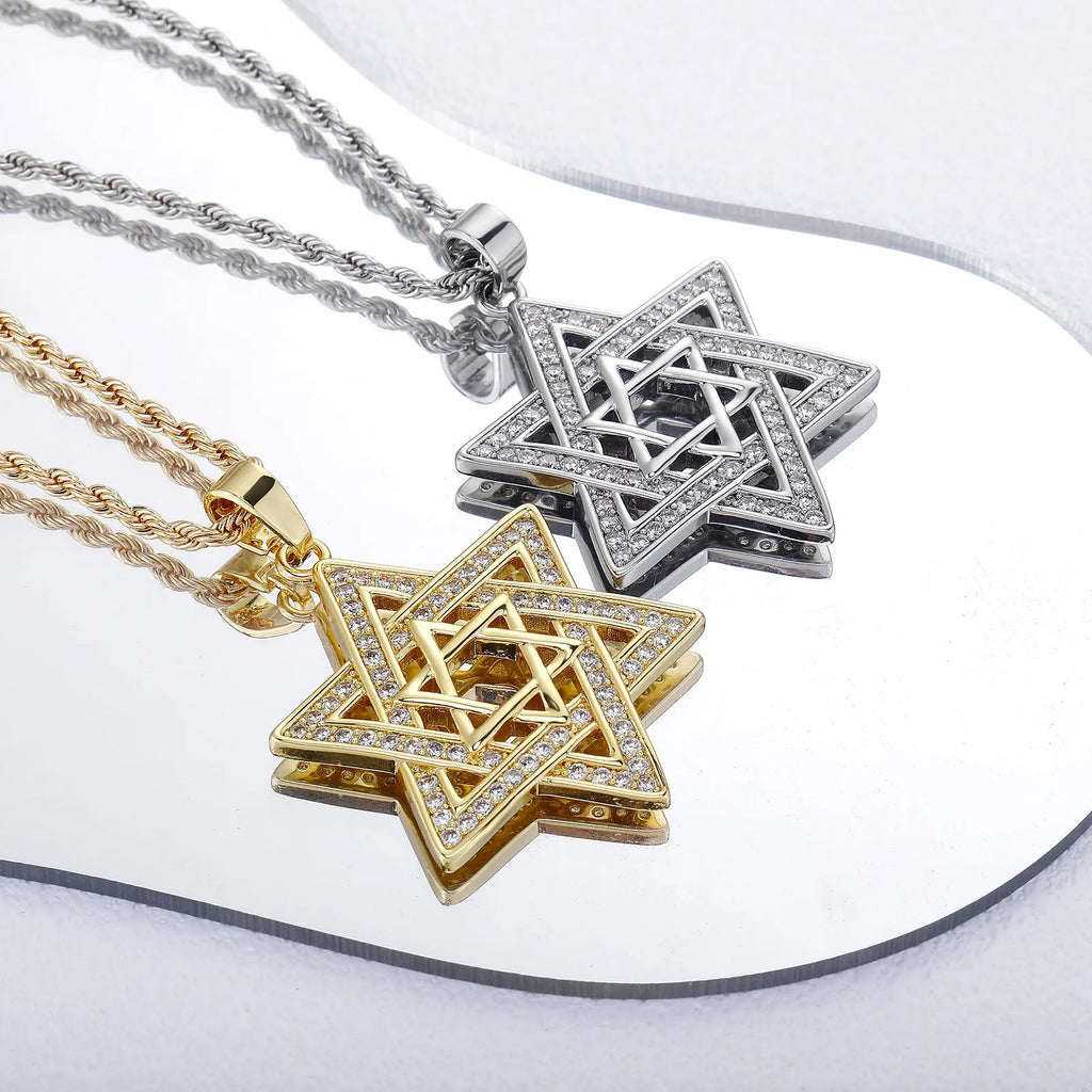 Gold Iced Out Hexagon Pendant Rope Chain Necklace