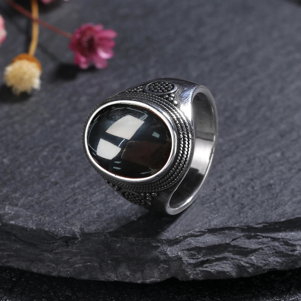 Silver Plated Rings Large Natural 10x14MM Black Agate Ring for Women Men Silver Party Jewelry Tiger Eye Turquoise Lapis