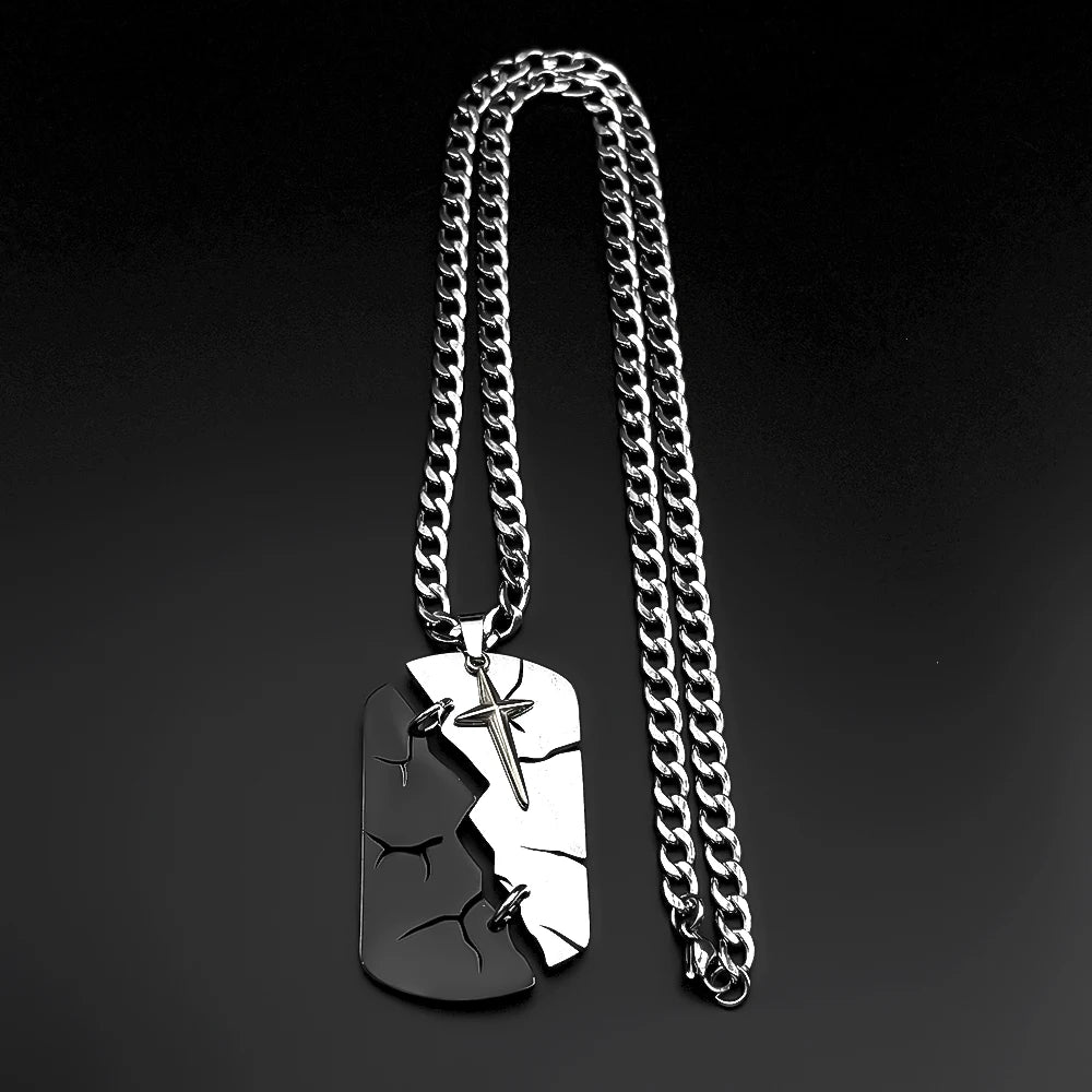 Hip Hop Two-tone Split Cracked Dog Tag Movable Starburst Cross Pendant Necklace for Men Stainless Steel Amulet Chain Jewery