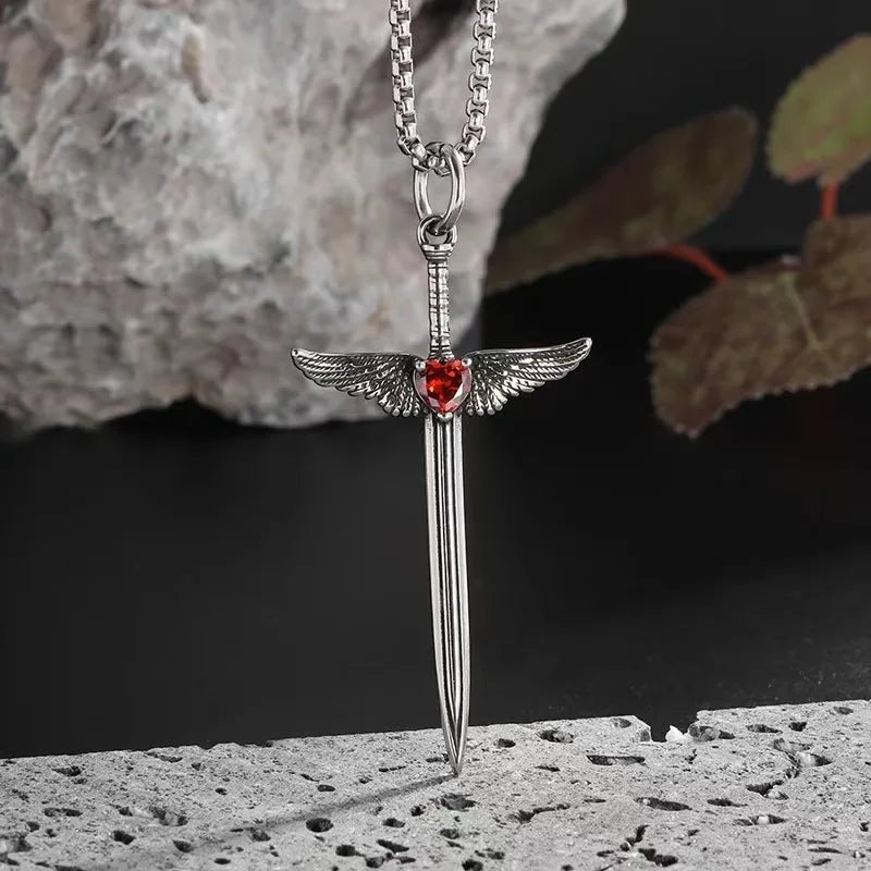 Gothic Fallen Angel Sword Wings Pendant Necklace — Zinc Alloy
