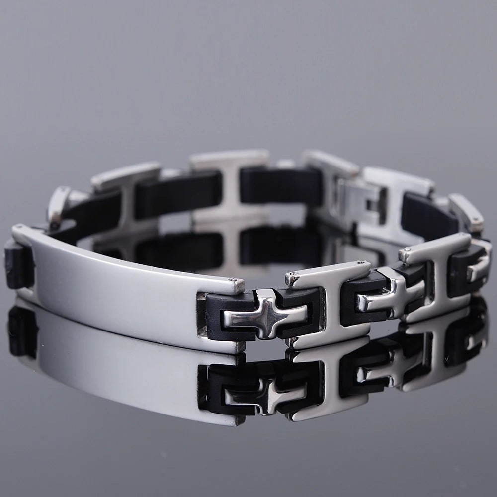 Religious Cross Men's Bracelets & Bangles Stainless Steel Black Silicone ID Bracelets for Man Boys Male Jewelry Gifts