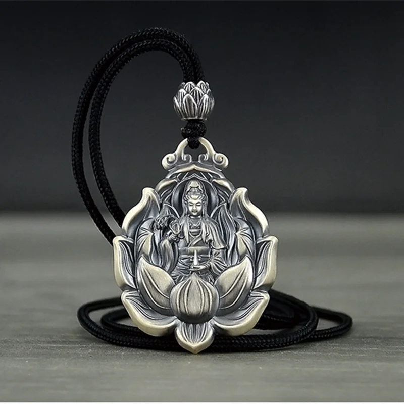 Guanyin Buddha Rope Pendant Necklace — Black