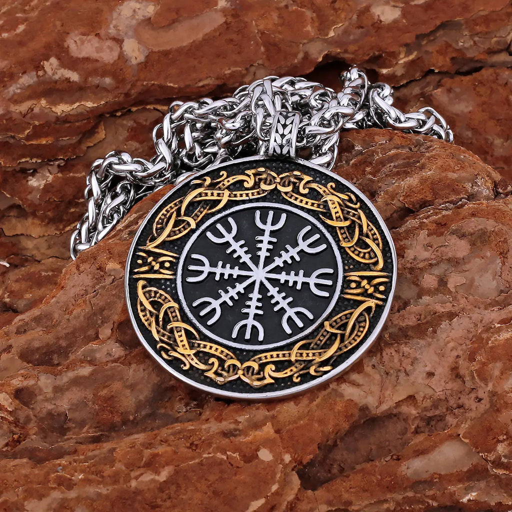 Nordic Mythology Courageous Men Helmet of Awe Necklace Handmade Gold Color Celtic Knot Amulet Biker Party Club Pendant