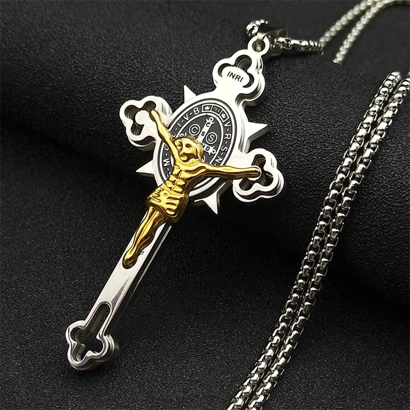 Saint Benedict Crucifix Cross Pendant — INRI Box Chain 60cm