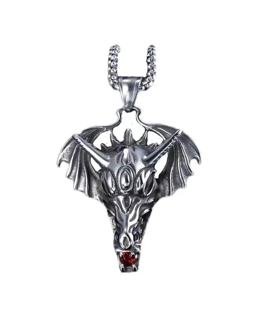 New Personality Trend Necklace Red Drill Wing Dragon Head Style Pendant Stainless Steel Titanium Steel Men's Holiday