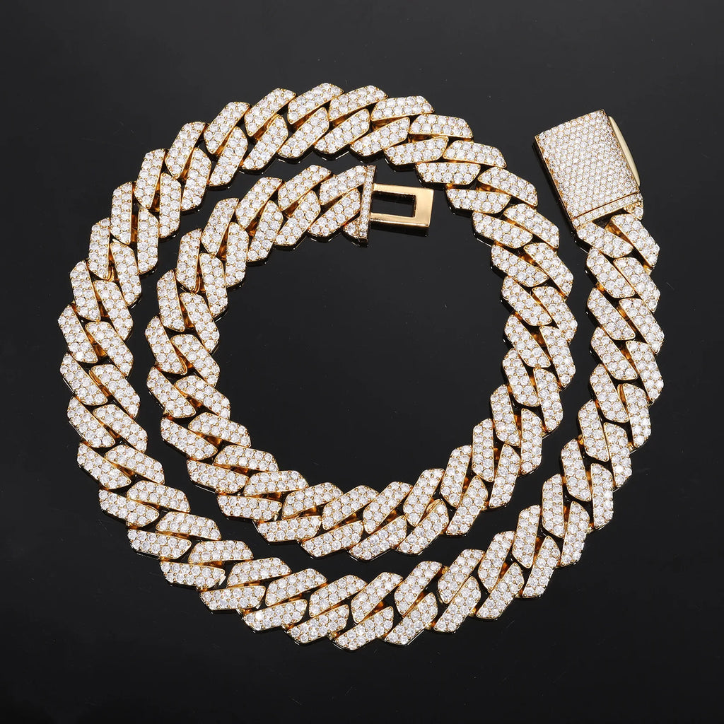 Wide 14mm Rhombus Double Row Cuban Necklace designed for men, delicate artificial diamonds mounted on PT950 Platinum chain