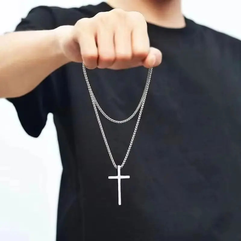 2026 Hip Hop Trend Cross Pendant Necklace for Men Punk Silver Color Titanium Steel Chain Versatile Street Jewelry Accessories