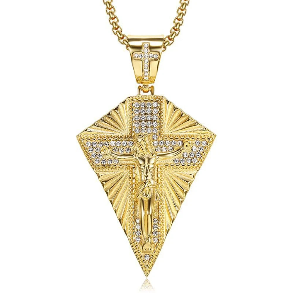 Men's Necklace Big Jesus Cross Pendant & Chain Mens Gold Color Stainless Steel Crucifix Necklaces Man Iced Out Bling