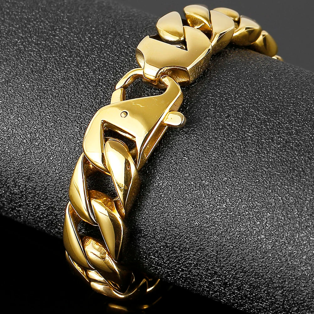 15MM Vacuum Plating Gold Color Men's Cuban Link Chain Bracelet Punk 316L Stainless Steel Boxing Gloves Style Bracelet