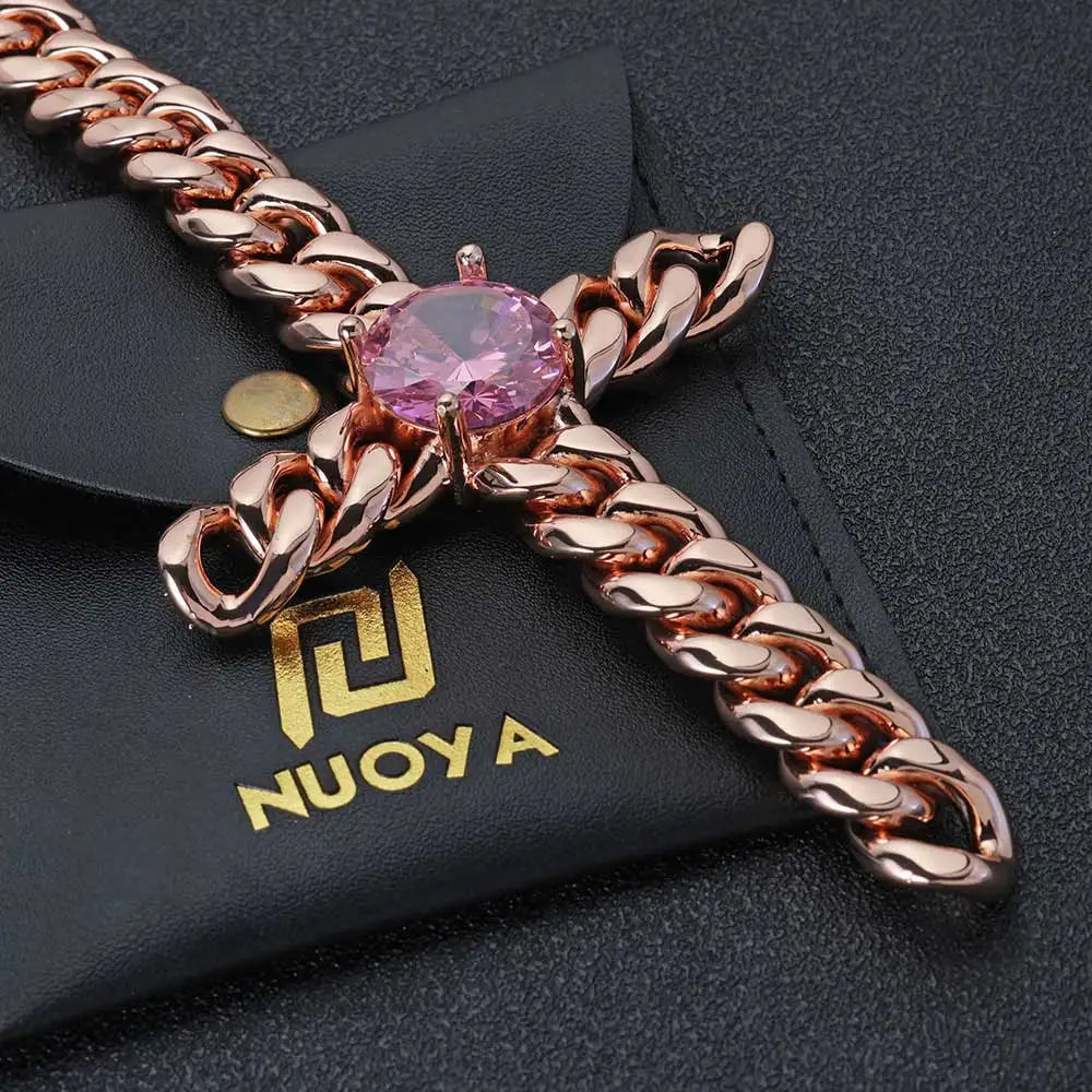 Rose Gold Cross Pendant Necklace Cuban Chain