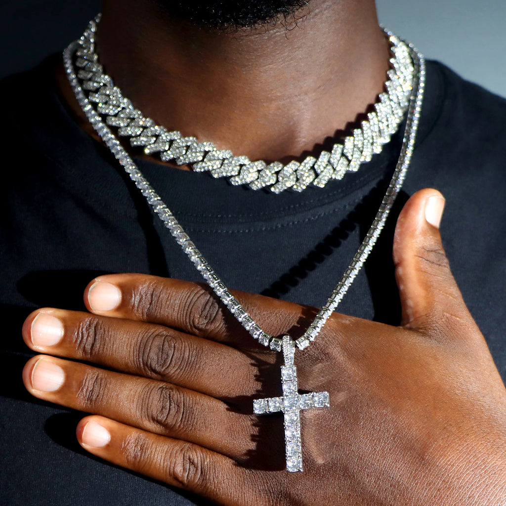 2Pcs Punk Crystal Cross Ankh Tennis Chain Iced Out Prong Cuban Link Chain Necklace For Men Women Rapper Necklaces