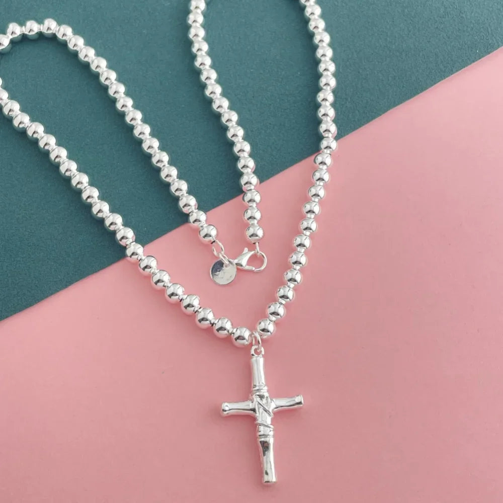 Buddhist Beads Chain Cross Pendant Necklace — Silver-Tone 6mm