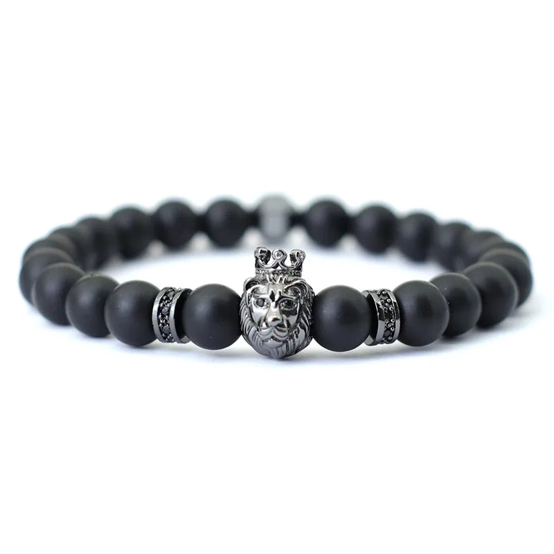 Noter Hiphop Men Bracelet Beaded 8mm Onyx Stone Braclet Wolf Lion Animal Braslet Punk Jewelry Pirate Skull Brazalete