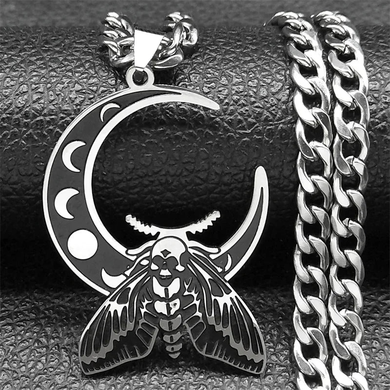 Wicca Moon Moth Pendant — Stainless Steel