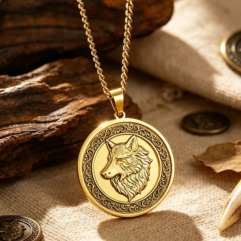 Vintage Wolf Head Necklace Brass 3D Embossed Wolf Coin Pendant Stainless Steel Chain Norse Animal Totem Jewelry Gift