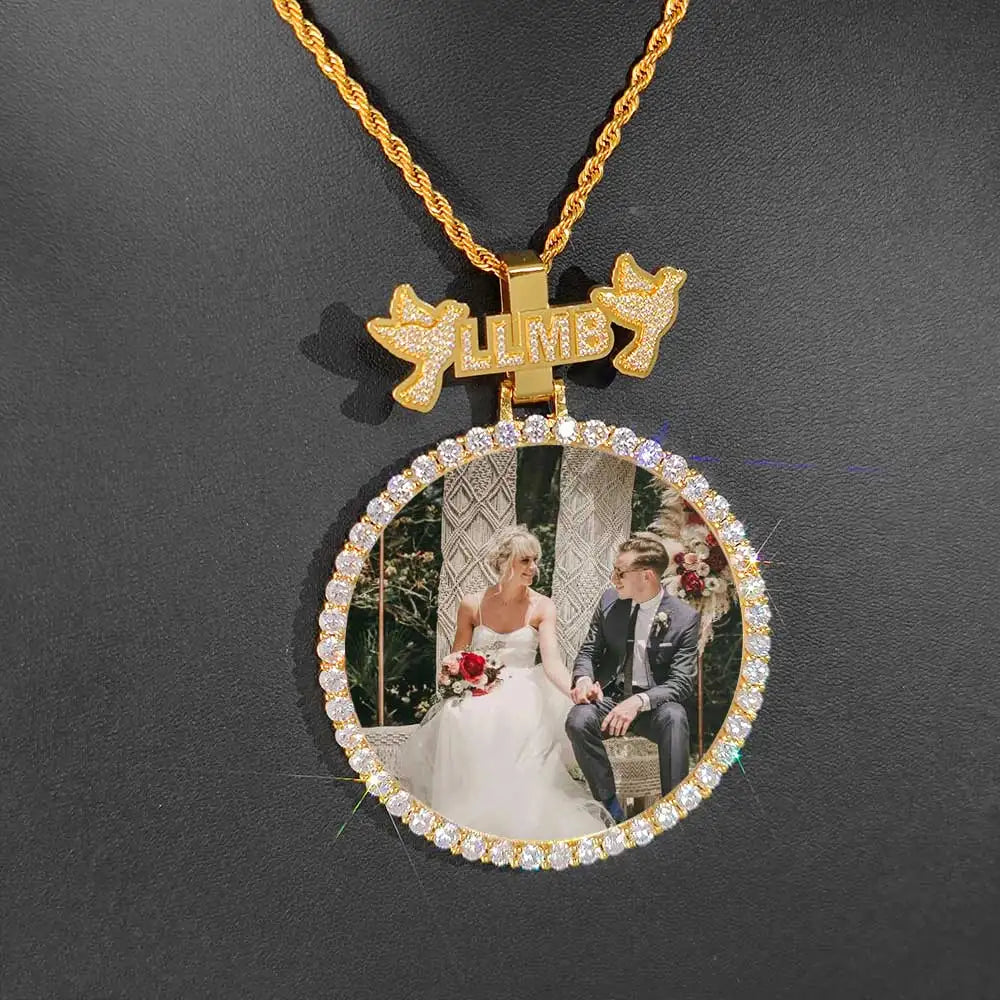 Iced Out Letter Photo Pendant Necklace 68MM Circle