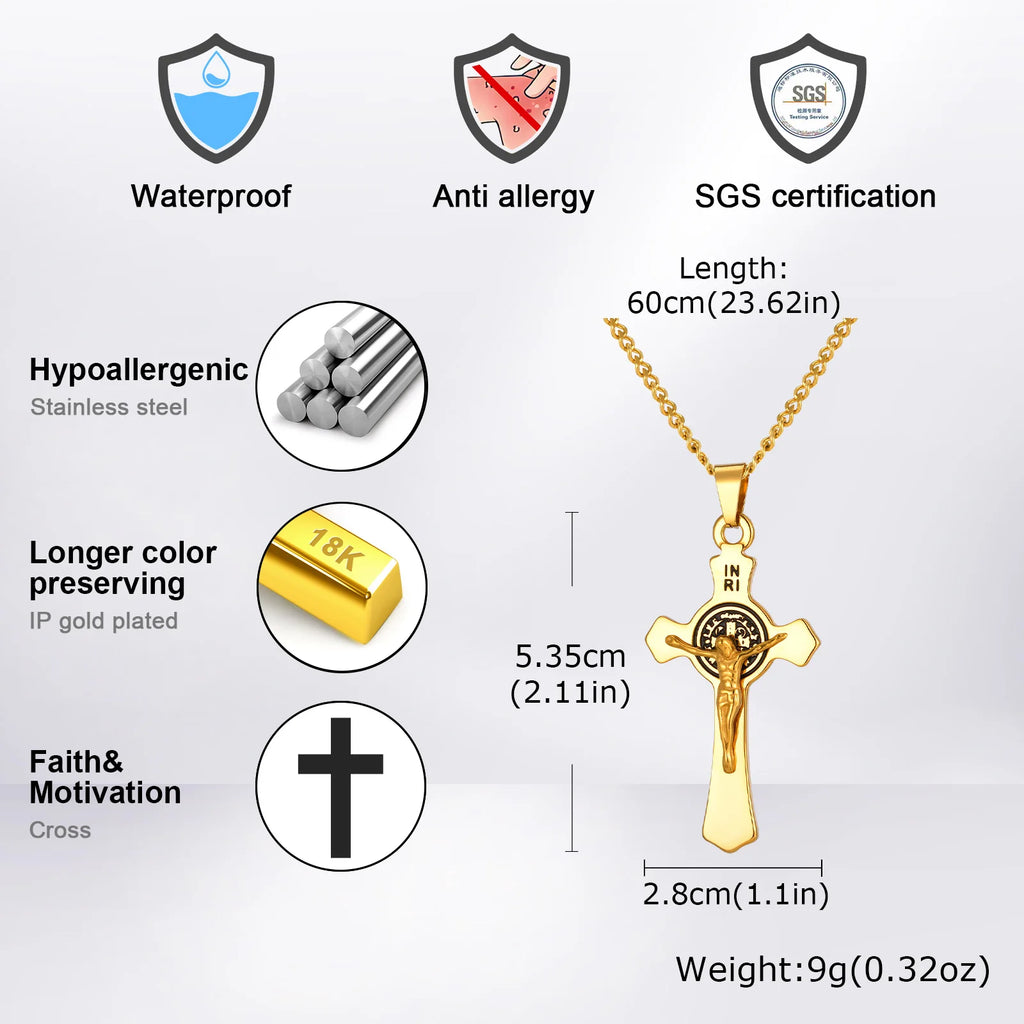 Stainless Steel Catholic Cross Necklace for Men,St. Benedict's Catholic Crucifix Pendant Necklace,Religion Gothic