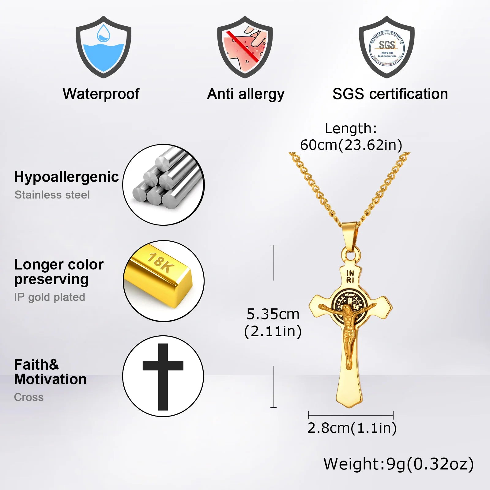Stainless Steel Catholic Cross Necklace for Men,St. Benedict's Catholic Crucifix Pendant Necklace,Religion Gothic