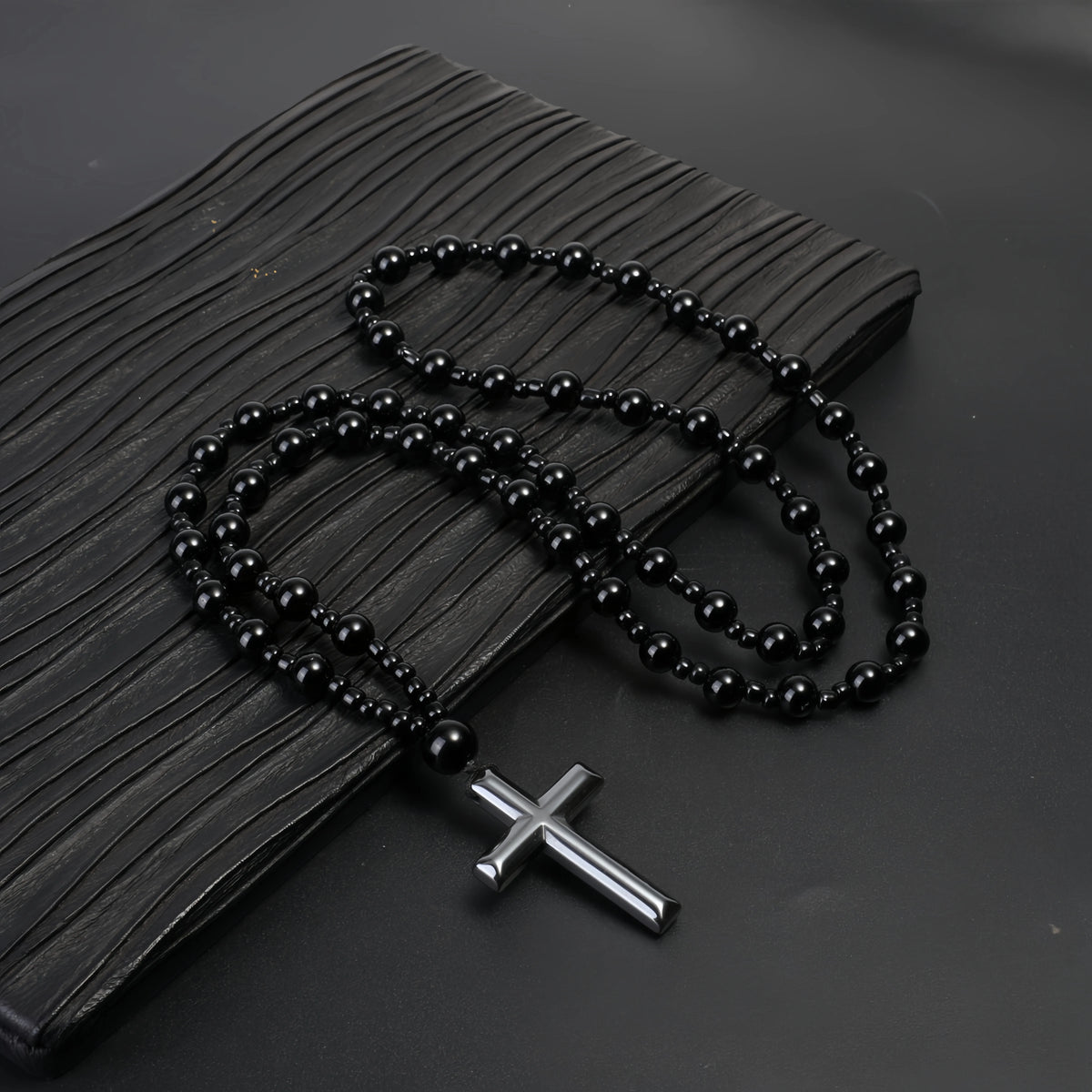 Black Hematite Bead Cross Pendant Necklace — Black-Tone