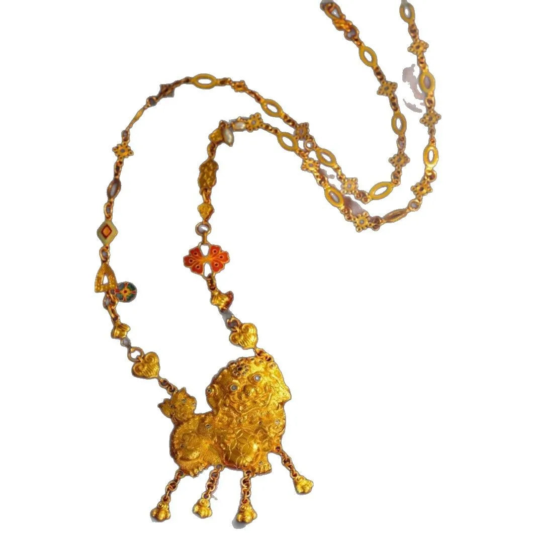 9999 24K real gold point diamond lion tassel necklace Chinese wind transfer lion dance woman necklace gift