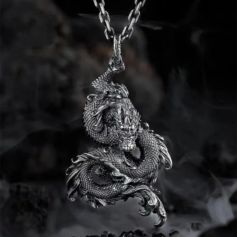 Zircon Auspicious Dragon Pendant — Stainless Steel
