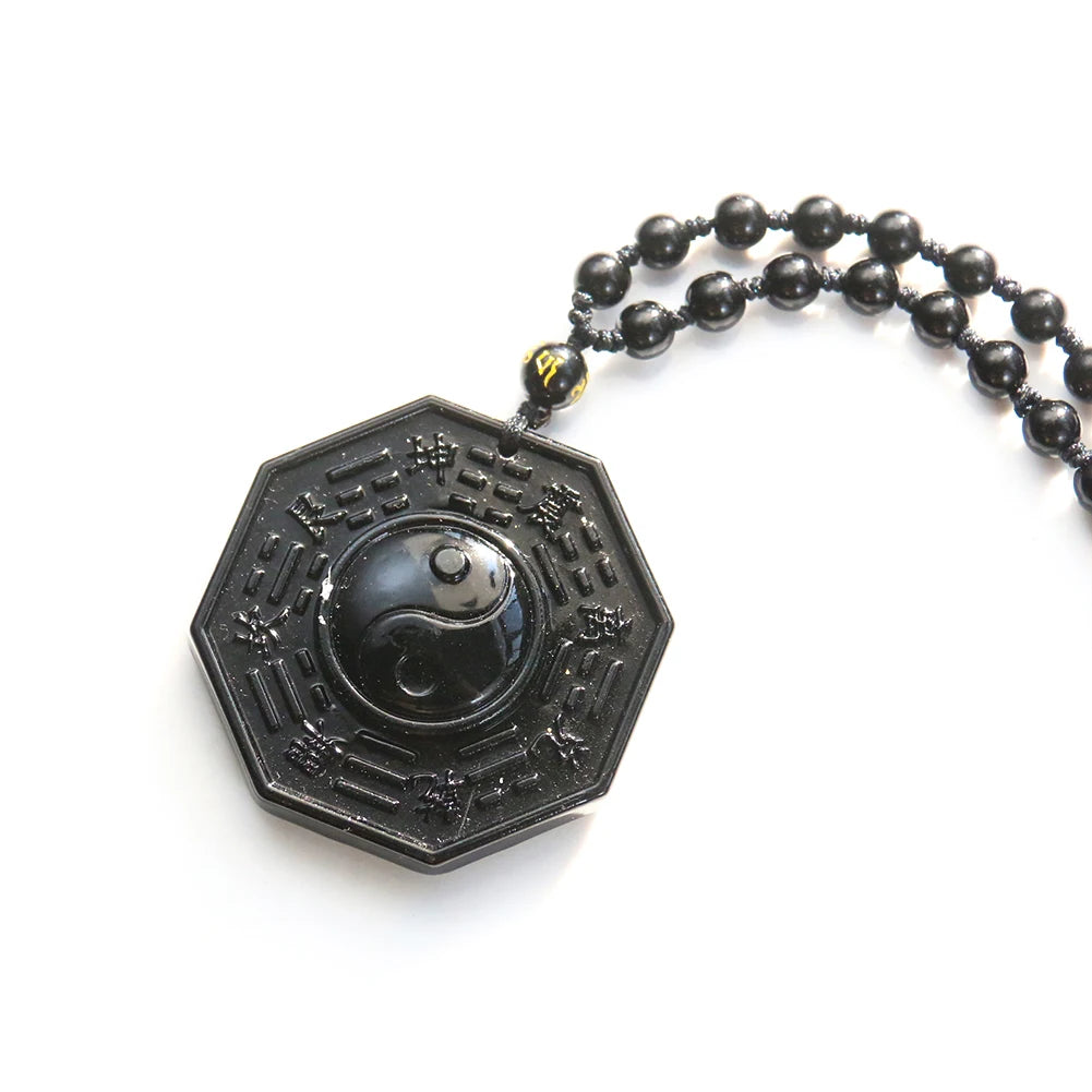 Obsidian Stone Taoism Necklace Black Pendant Chinese Tai Ji Ba Gua Octagon Long Sweater Chain Amulet Mascot Men Taoist