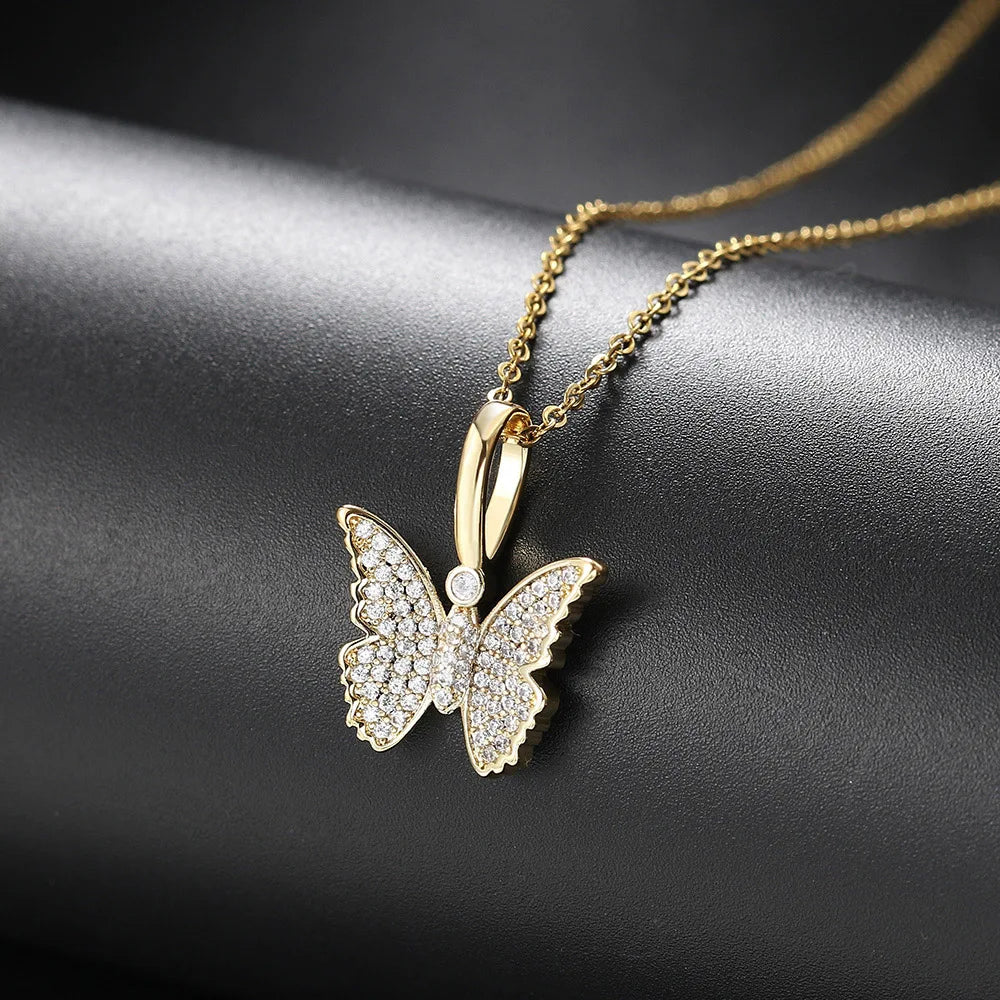 Cross Pendant Necklace Iced Out Butterfly CZ