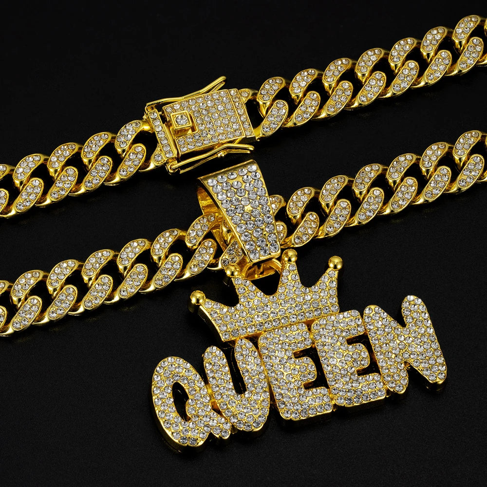 Men's Hip Hop Crown with QUEEN Letter Pendant Necklace For Women Crystal Cuban Chain Iced Out Bling Necklaces Rock