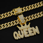 Men's Hip Hop Crown with QUEEN Letter Pendant Necklace For Women Crystal Cuban Chain Iced Out Bling Necklaces Rock