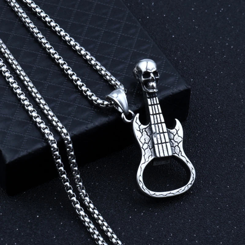 Silver Vintage Skull Guitar Pendant Necklace