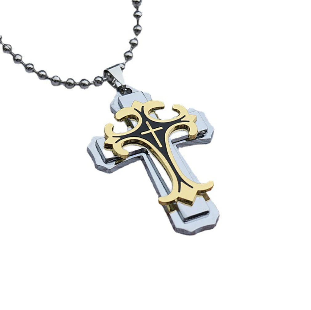 Necklace For Men 2024 New Titanium Steel Three-layer Cross Pendant Ball Chain Fresh Sweet Fashion Necklace