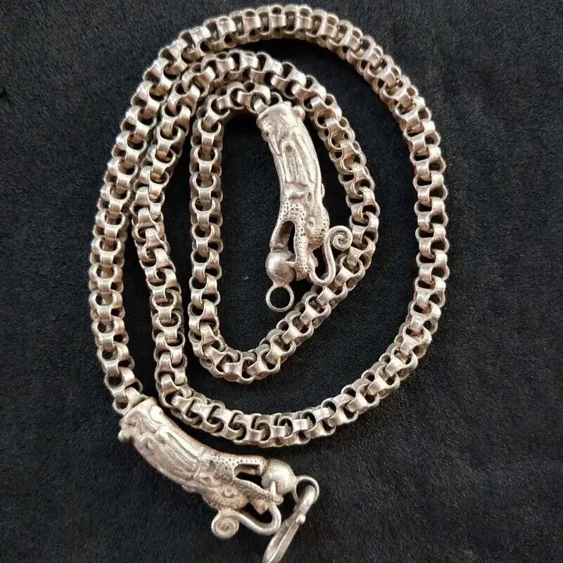 Chinese Dragon Head Pendant Necklace — Vintage Silver-Tone