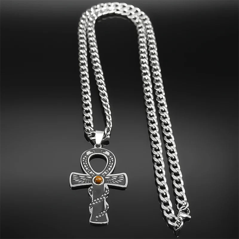 Cross Ankh Silver Pendant Retro Tiger Eye Stone