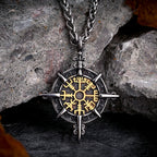 Mens Viking Compass Necklaces Stainless Steel Double-sided Norse Runes Trident Pendant With Genuine Leather Chain