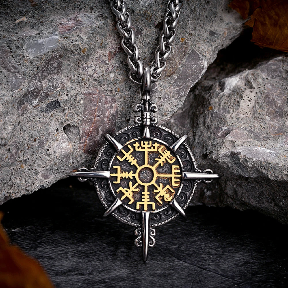 Mens Viking Compass Necklaces Stainless Steel Double-sided Norse Runes Trident Pendant With Genuine Leather Chain